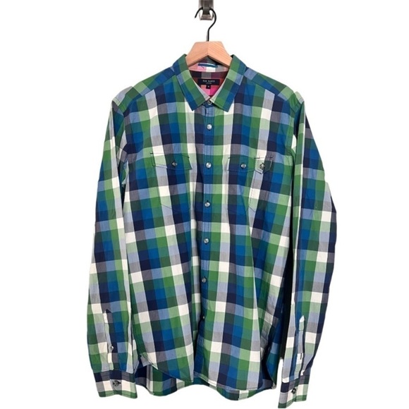 Ted Baker Green Red Checkered Contrast Cuffs Button Down Untucked Mens Shirt - Picture 11 of 13
